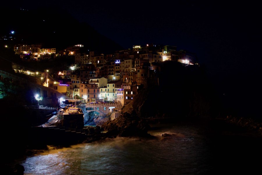 Manarola at night with the nativity lights above
