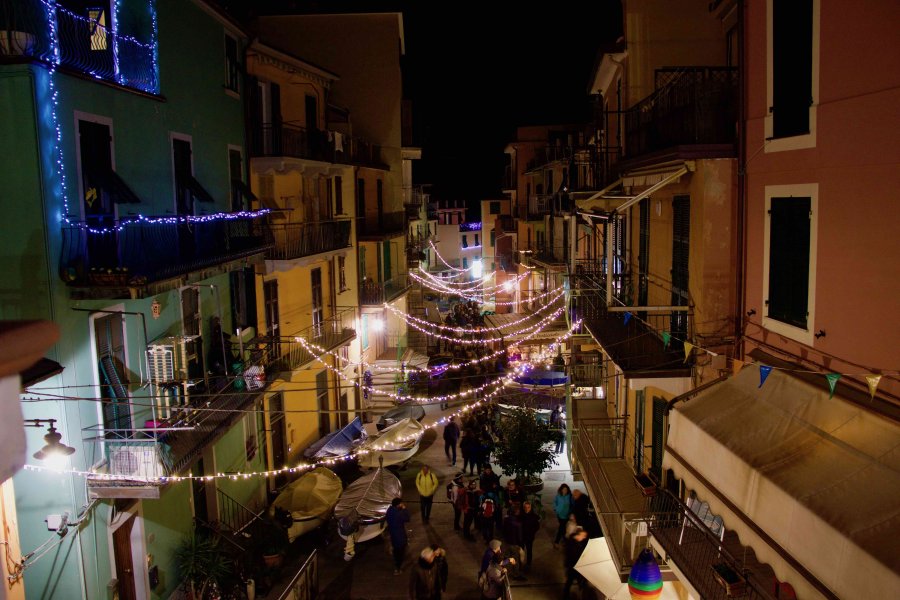Manarola at night with the nativity lights above