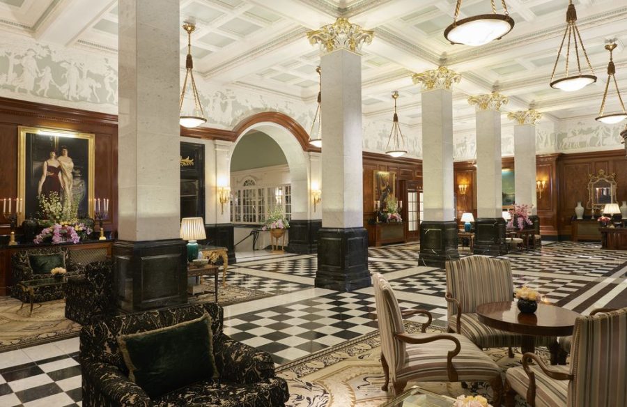 The black-and-white Art Deco lobby of The Savoy, London