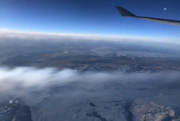 Flying over a snowy landscape