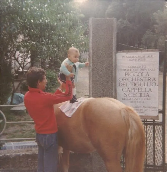 Silvia as a small child on horseback at Soviore above Monterosso, Cinque Terre